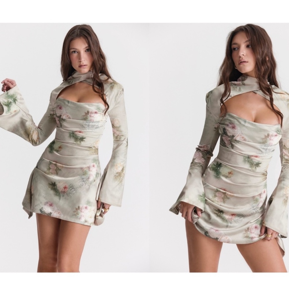 House of CB Toira Satin Sage Floral Mini Dress